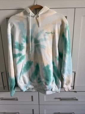 Worthy Threads Tie-Dye "mama" Pullover Hoodie - White, Teal & Pale Yellow
